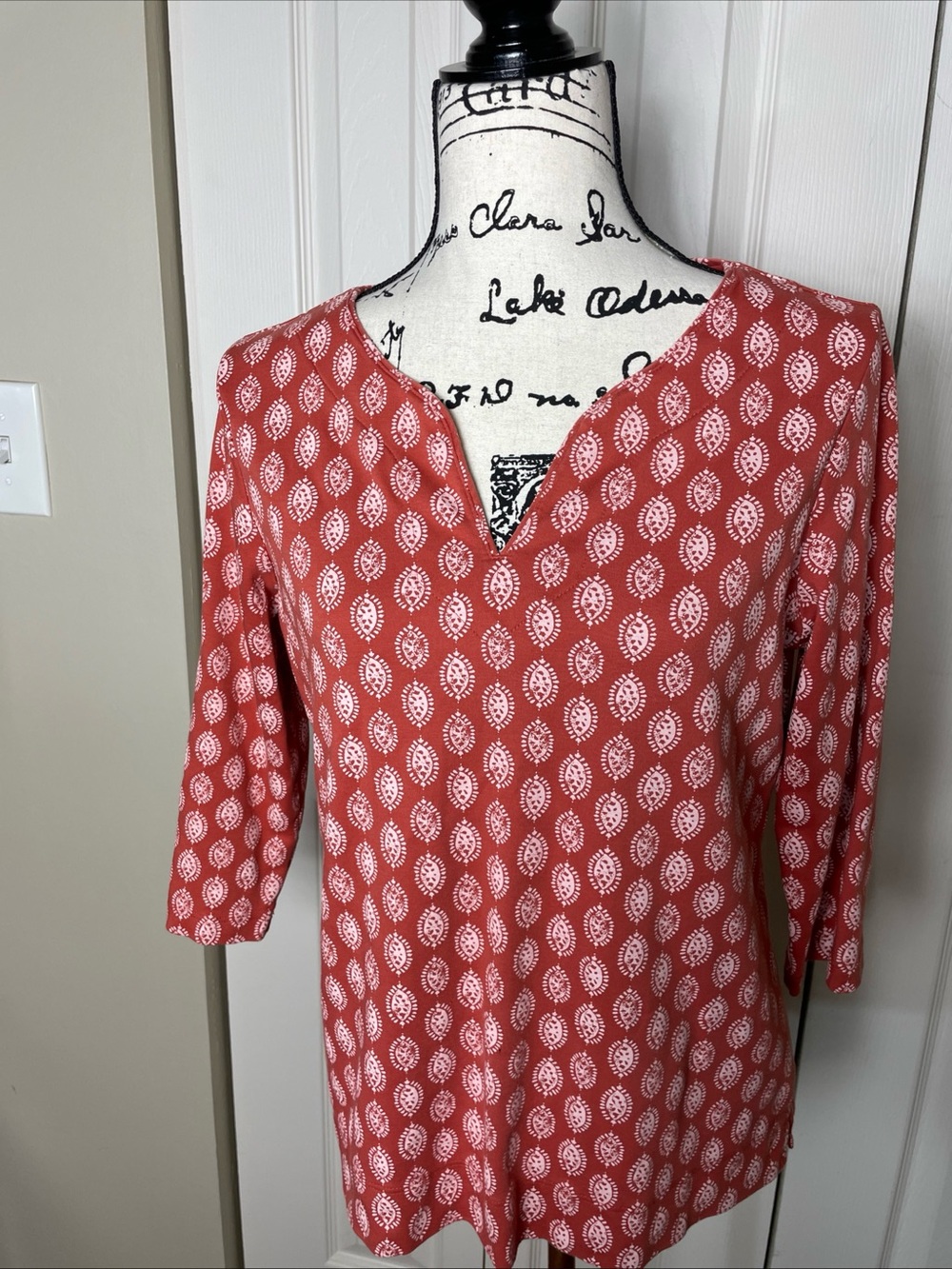LL Bean 100% Supima Cotton Burnt Orange  Boho V Neck 3/4 Sleeve Tunic Top. Sz SP
